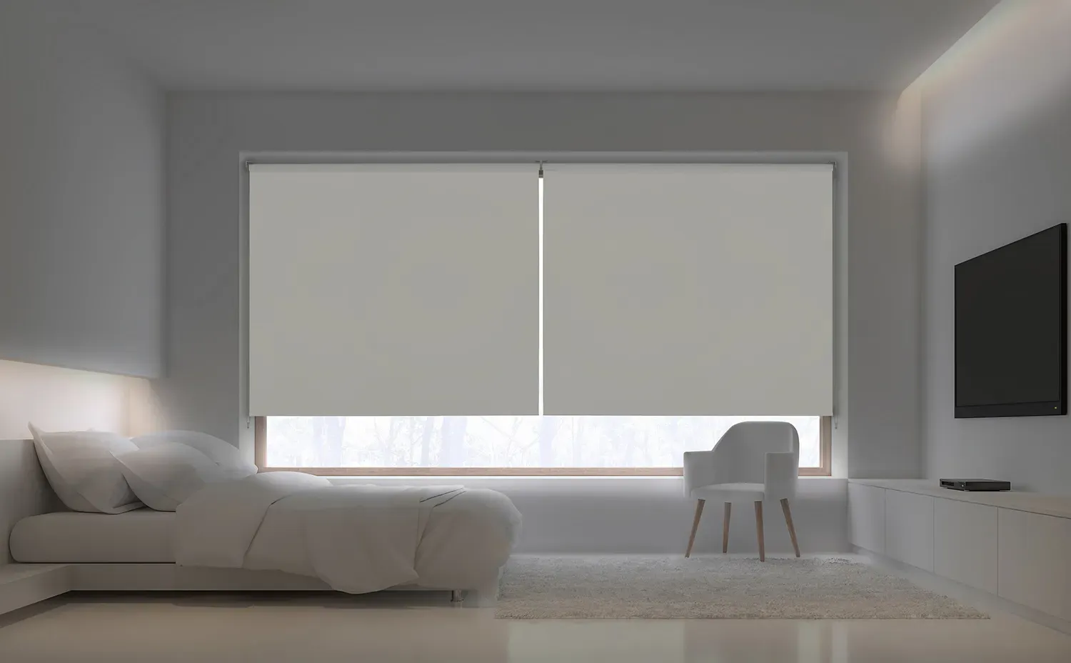 Roller Blackout en un dormitorio blanco